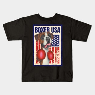 Cute funny red white and blue Boxer Dog with Boxing Gloves USA Kids T-Shirt